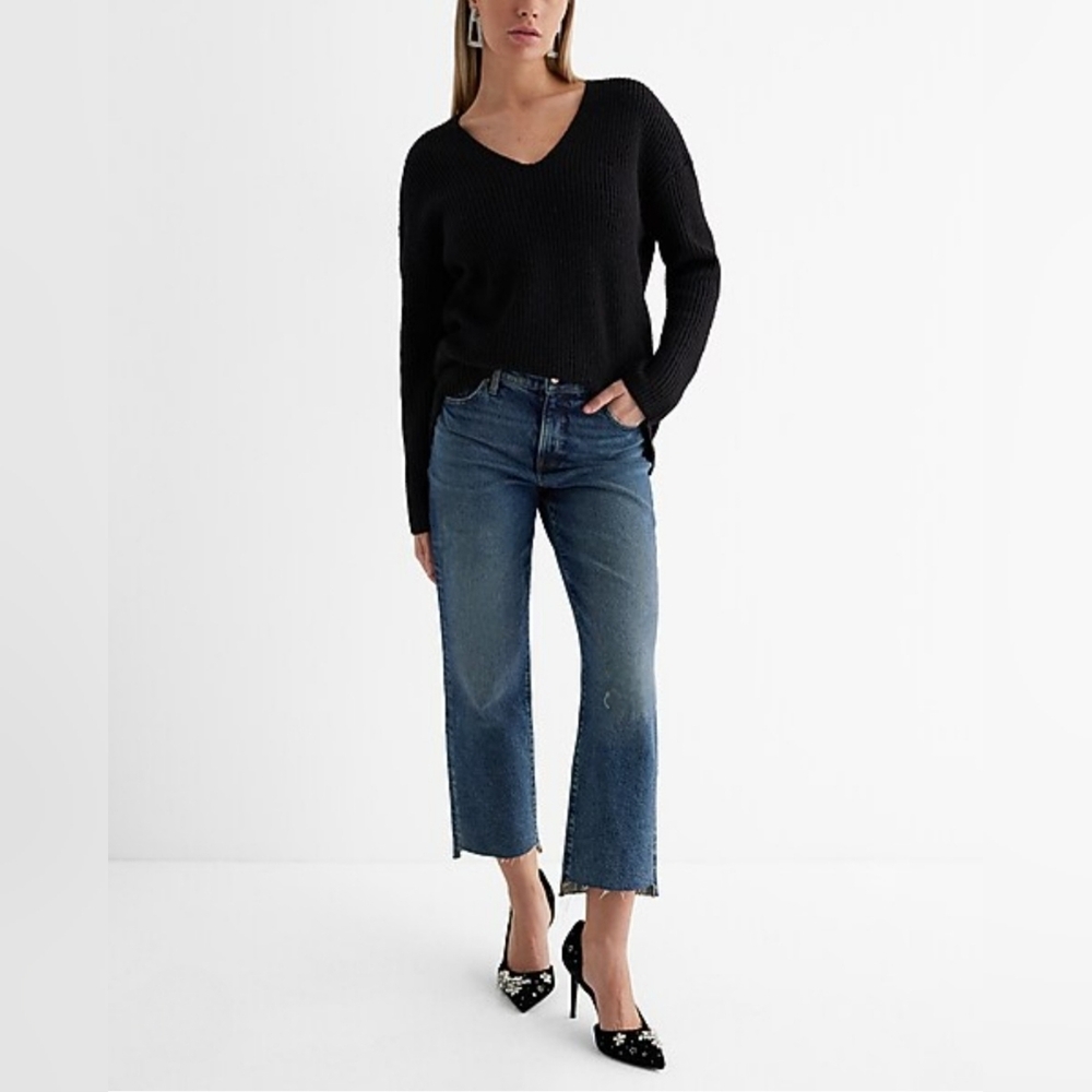 Express High Rise Cropped Ankle Flare Denim Jeans Raw Hem Medium Wash 10 R